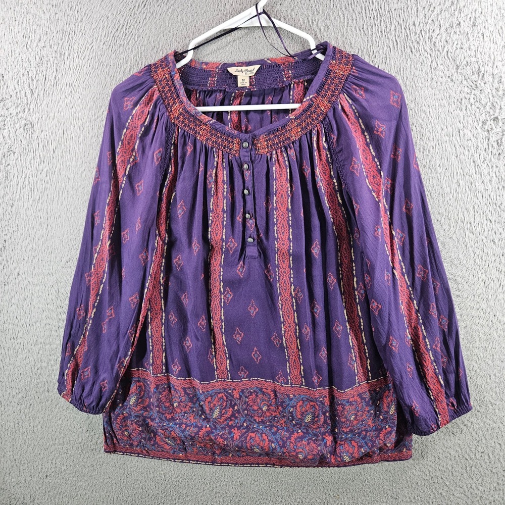 Lucky Brand Purple Boho Floral Peasant Blouse Embroidered Smocked Top M